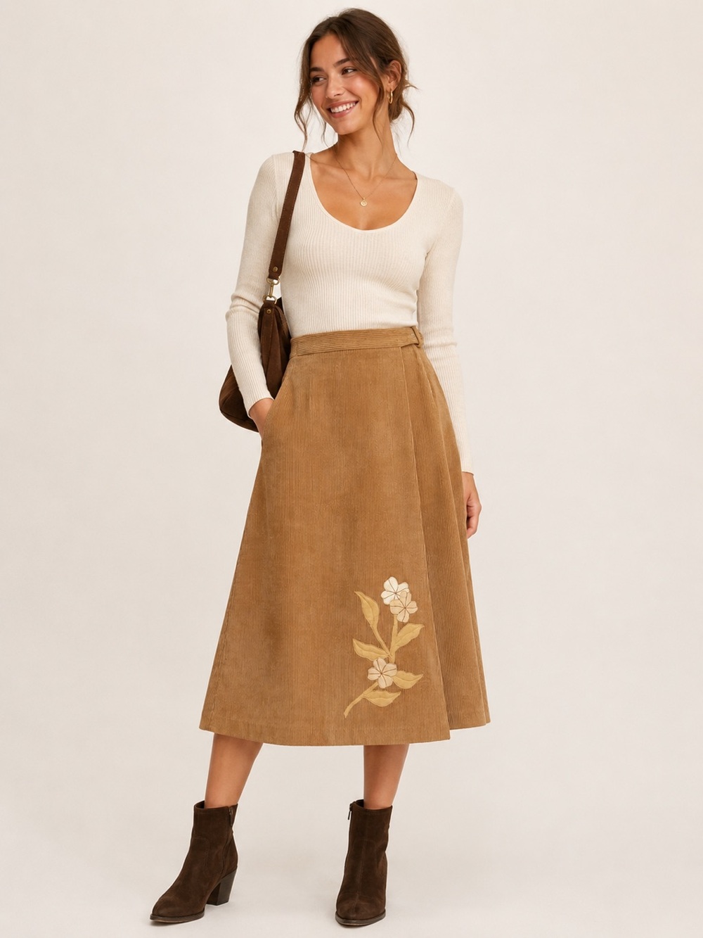 Treetops of Main Vintage Tan Corduroy Floral Embroidered Wrap Midi Skirt Sz. S